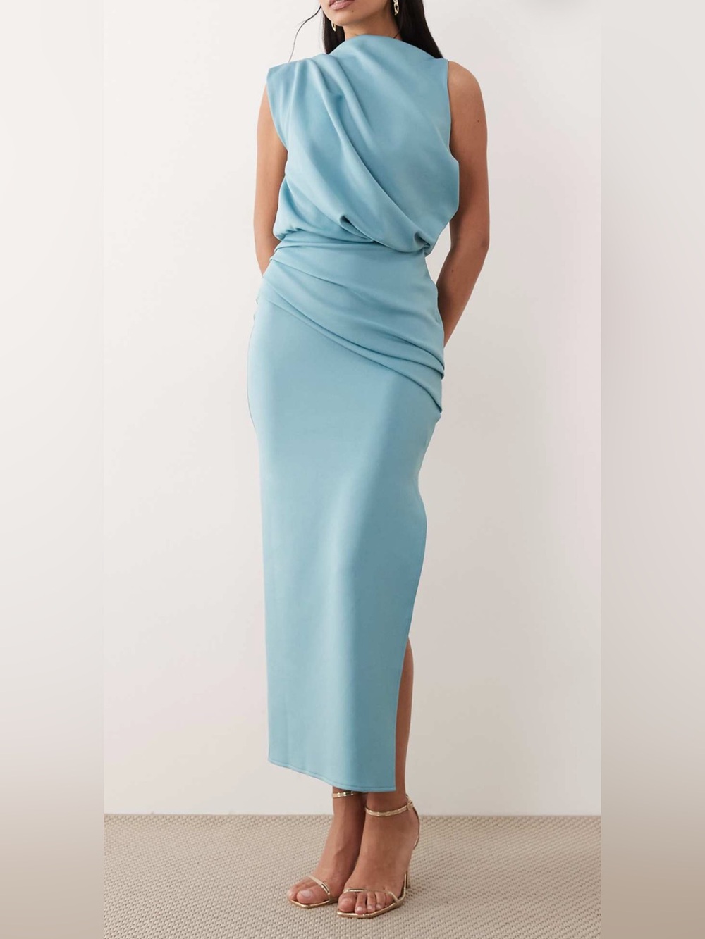 ASOS DESIGN draped structured midi dress with split in blue